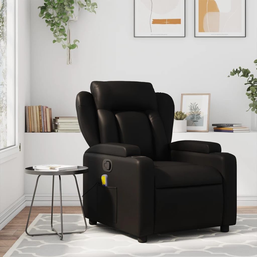 vidaXL Black Faux Leather Massage Recliner - Manual Single Sofa with Cup Holders, 6-Point Vibration Function